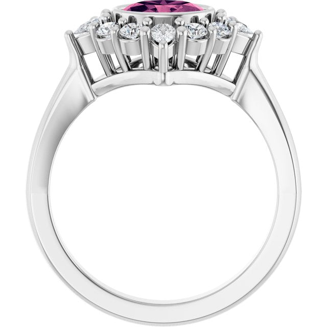 Oval Pink Tourmaline & Diamond Halo Ring in Gold and Platinum