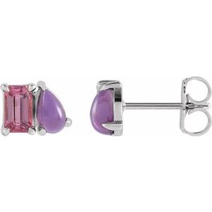 Pink Tourmaline Emerald Two-Stone Stud Earrings in Gold and Platinum