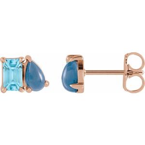 Sky Blue Topaz Emerald Two-Stone Stud Earrings in Gold and Platinum
