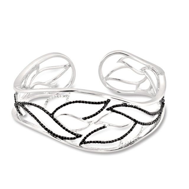 Round Natural Black Spinel & Natural Diamond Accented Hinged Cuff Bracelet In Silver