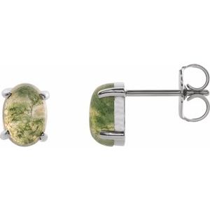 Moss Agate Oval Stud Earrings in Gold and Platinum