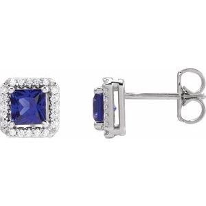 Blue Sapphire & Diamond Square Halo Stud Earrings in Gold and Platinum
