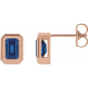 Blue Sapphire Emerald Solitaire Stud Earrings in Gold and Platinum