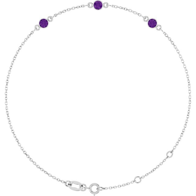 3-Stone Natural Amethyst & Round Bezel-Set Link Bracelet In Set