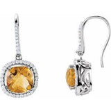 Citrine & Diamond Cushion Halo Stud Earrings in Gold and Platinum