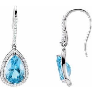 Swiss Blue Topaz & Diamond Pear Halo Stud Earrings in Gold and Platinum
