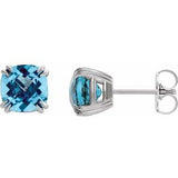 Swiss Blue Topaz Cushion Stud Earrings in Gold and Platinum