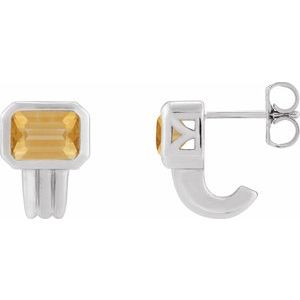 Citrine Emerald Bezel-Set Stud Earrings in Gold and Platinum