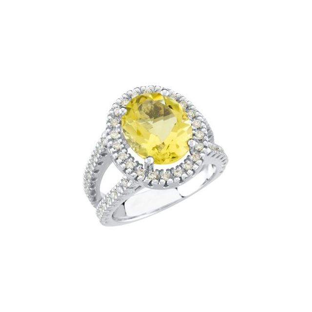 Oval Lemon Quartz Halo Ring with Diamond Accents in White Gold