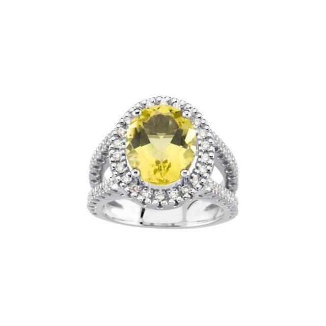 Oval Lemon Quartz Halo Ring with Diamond Accents in White Gold