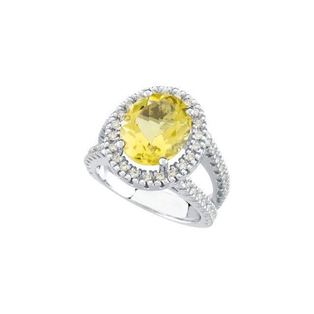 Oval Lemon Quartz Halo Ring with Diamond Accents in White Gold