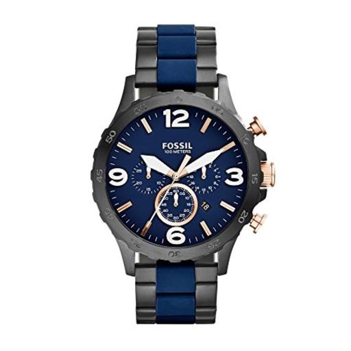 Fossil Nate JR1494 Men’s Chronograph Watch – Blue Dial, Black Stainless-Steel Bracelet