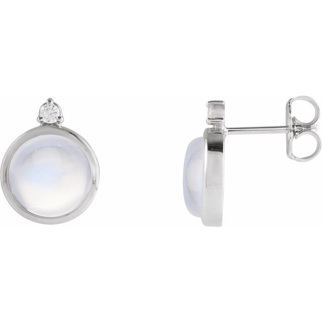 Rainbow Moonstone & Diamond Round Bezel-Set Stud Earrings in Gold and Platinum
