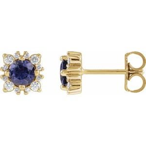 Iolite & Diamond Round Halo Stud Earrings in Gold and Platinum