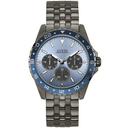 GUESS Men's Watch  – 44mm Grey Stainless Steel Bracelet, Blue Dial, Quartz Movement