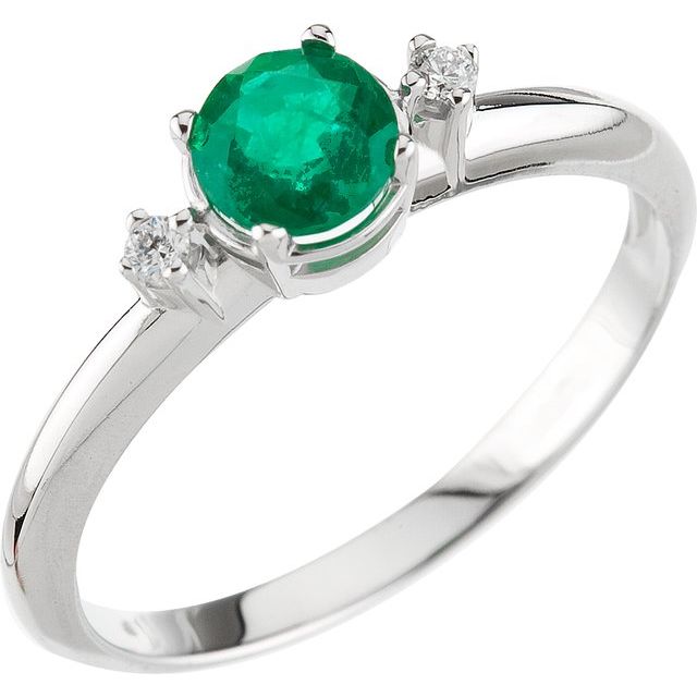 Round Emerald Three Stone Ring with Diamond Accents in White Gold