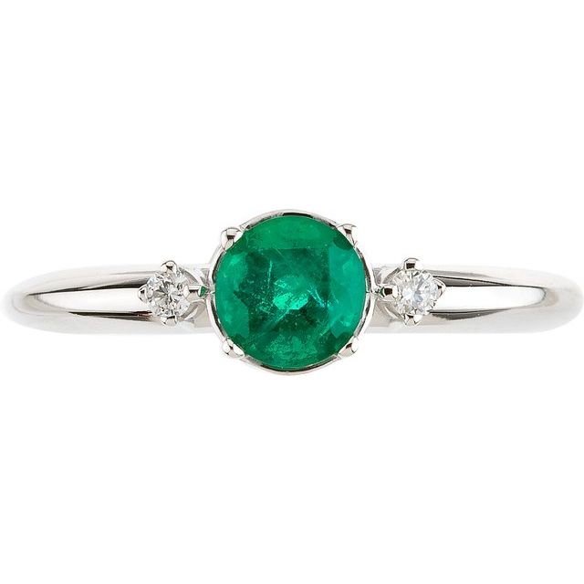 Round Emerald Three Stone Ring with Diamond Accents in White Gold