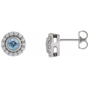 Aqua Sapphire & Diamond Round Halo Stud Earrings in Gold and Platinum
