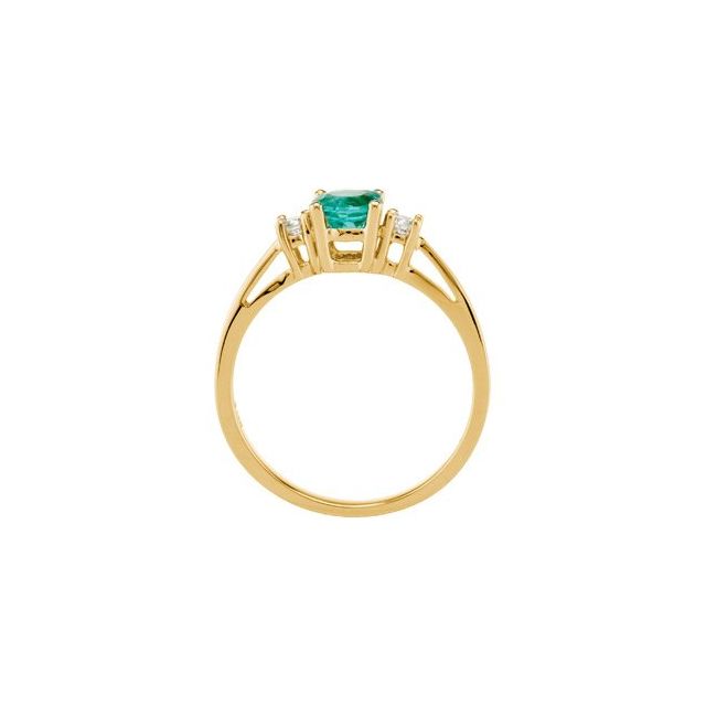 Round Emerald Three Stone Ring with Diamond Accents in Yellow Gold