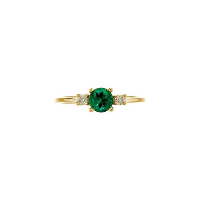 Round Emerald Three Stone Ring with Diamond Accents in Yellow Gold