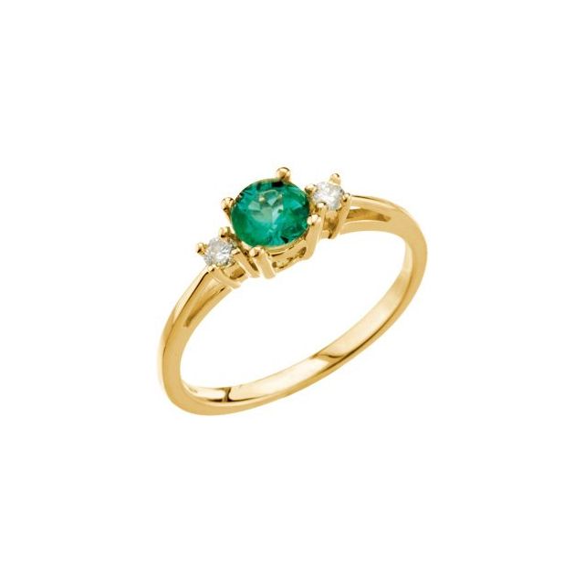 Round Emerald Three Stone Ring with Diamond Accents in Yellow Gold