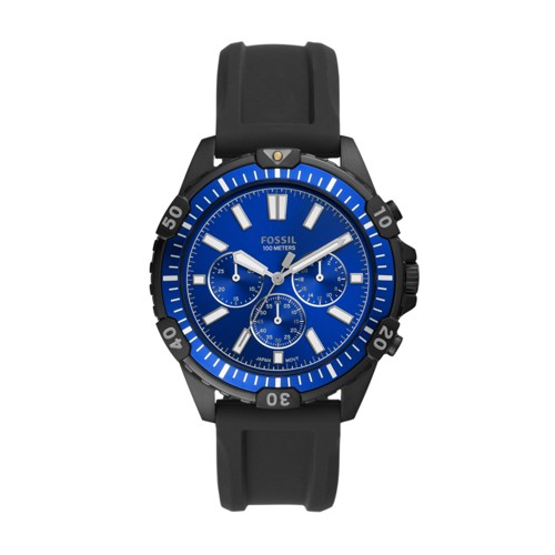 Fossil Garrett Men’s Chronograph Watch – Blue Sunray Dial, Black Silicone Strap