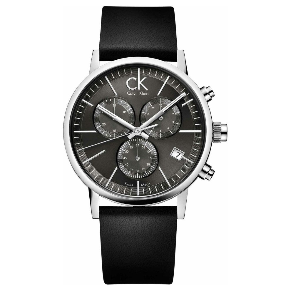Calvin Klein men's watch featuring a chronograph dial and leather strap.
