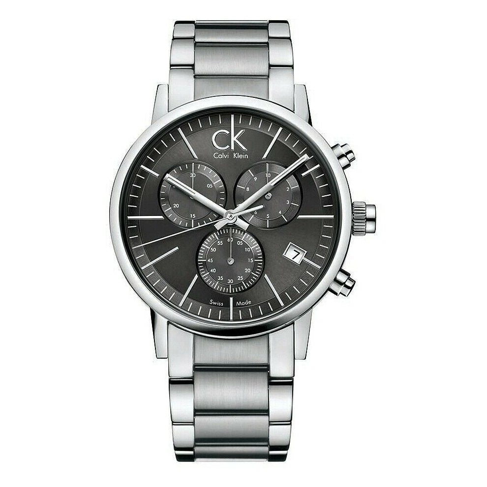 Calvin Klein men's chronograph watch with black dial and stainless steel band.