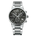 Calvin Klein men's chronograph watch with black dial and stainless steel band.