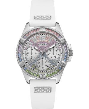 GUESS Women's Watch GW0045L1 – 40mm White Silicone Strap, Pave Crystals