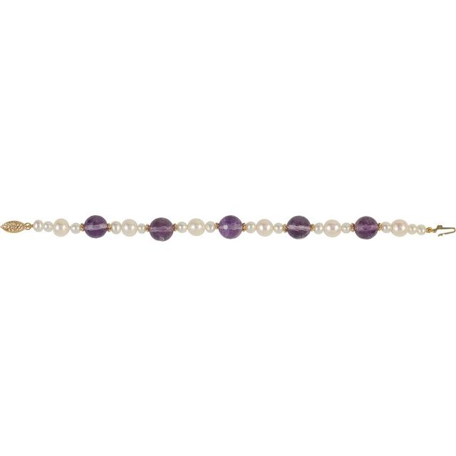 Round Natural Amethyst & Cultured White Freshwater Pearl Pearl Station Bracelet In Gold & Platinum