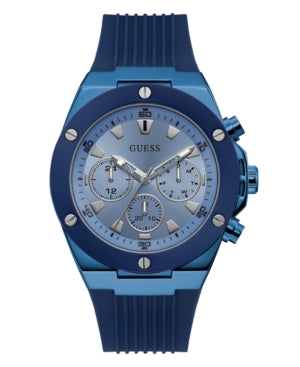 GUESS Men's Watch – 46mm Blue Silicone Strap, Blue Dial, Multifunction Quartz Movement