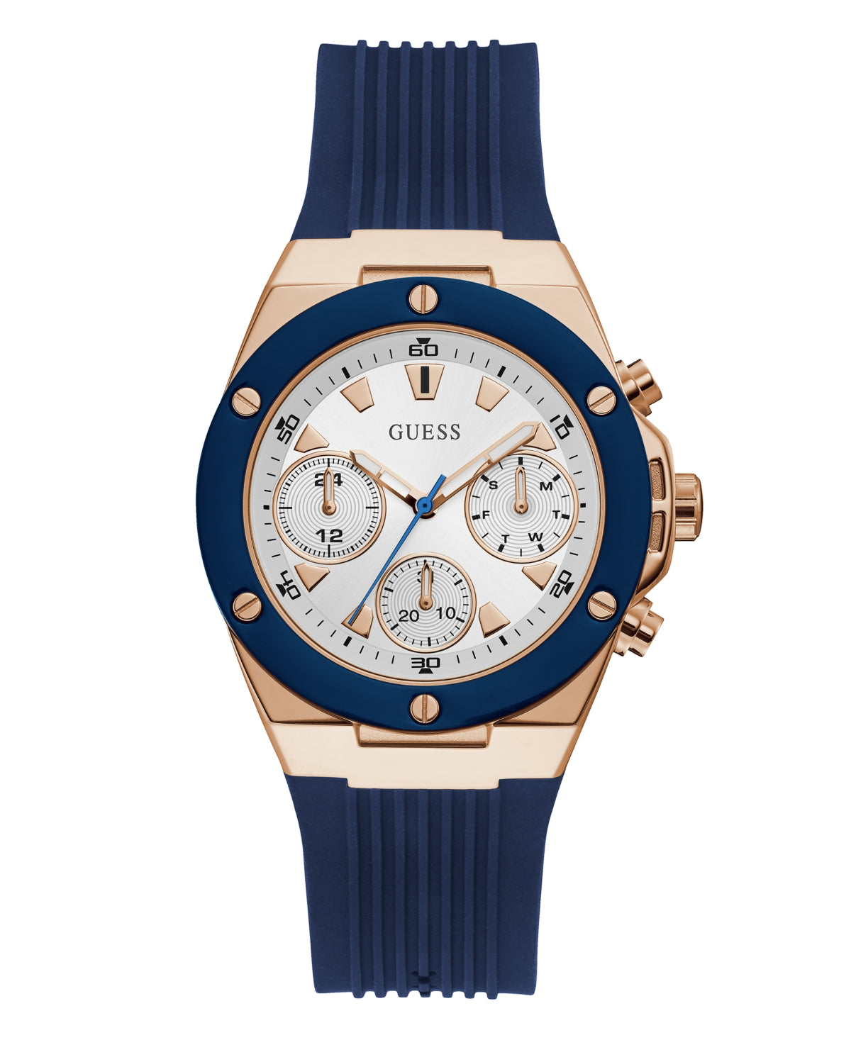 GUESS Women's Watch – 39mm Blue and Rose Gold-Tone Bezel, Blue Silicone Strap