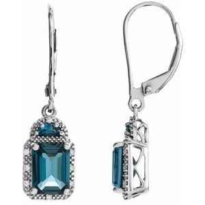 London Blue Topaz & Diamond Emerald Stud Earrings in Gold and Platinum