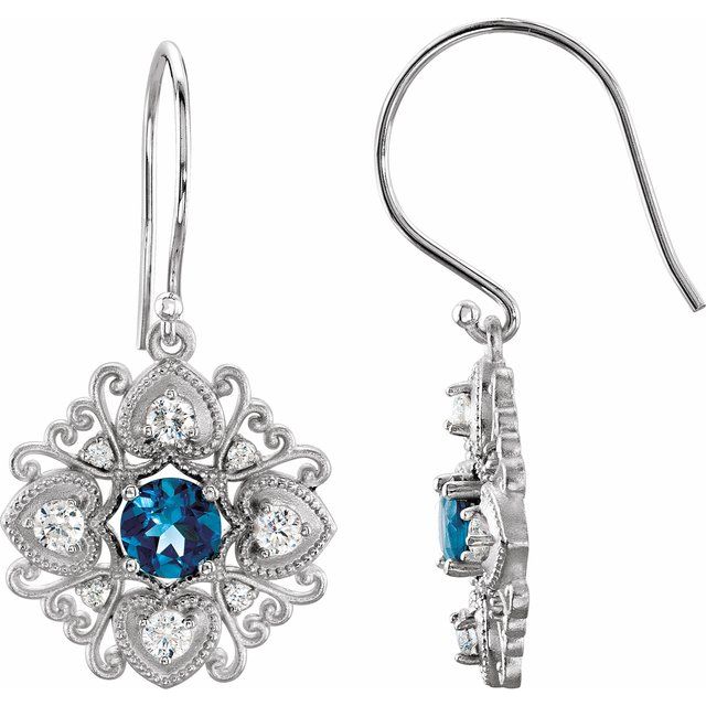 London Blue Topaz & Diamond Round Stud Earrings in Gold and Platinum