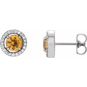 Yellow Sapphire & Diamond Round Halo Stud Earrings in Gold and Platinum