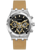 GUESS Men's Watch – 44mm Stainless Steel Case, Tan Leather Strap