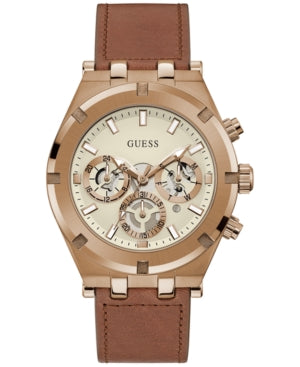 GUESS Men's Watch – 44 mm Coffee-Tone Stainless Steel Case, Brown Leather Strap