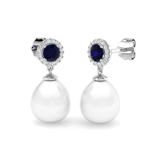 Blue Sapphire Halo Pearl Diamond Earrings for Women