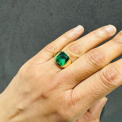 3 Carat Lab Created Solitaire Cushion Cut Emerald Gemstone Ring in 18K Yellow Gold