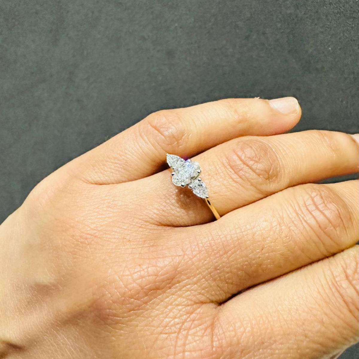 IGI Certified Oval Cut Lab Grown Diamond Three Stone Engagement Ring 18K Yellow Gold Pear Cut