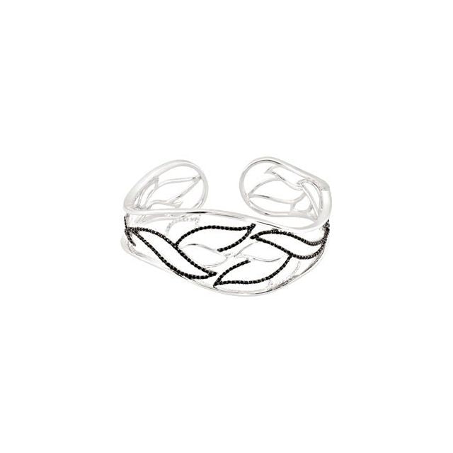Round Natural Black Spinel & Natural Diamond Accented Hinged Cuff Bracelet In Silver