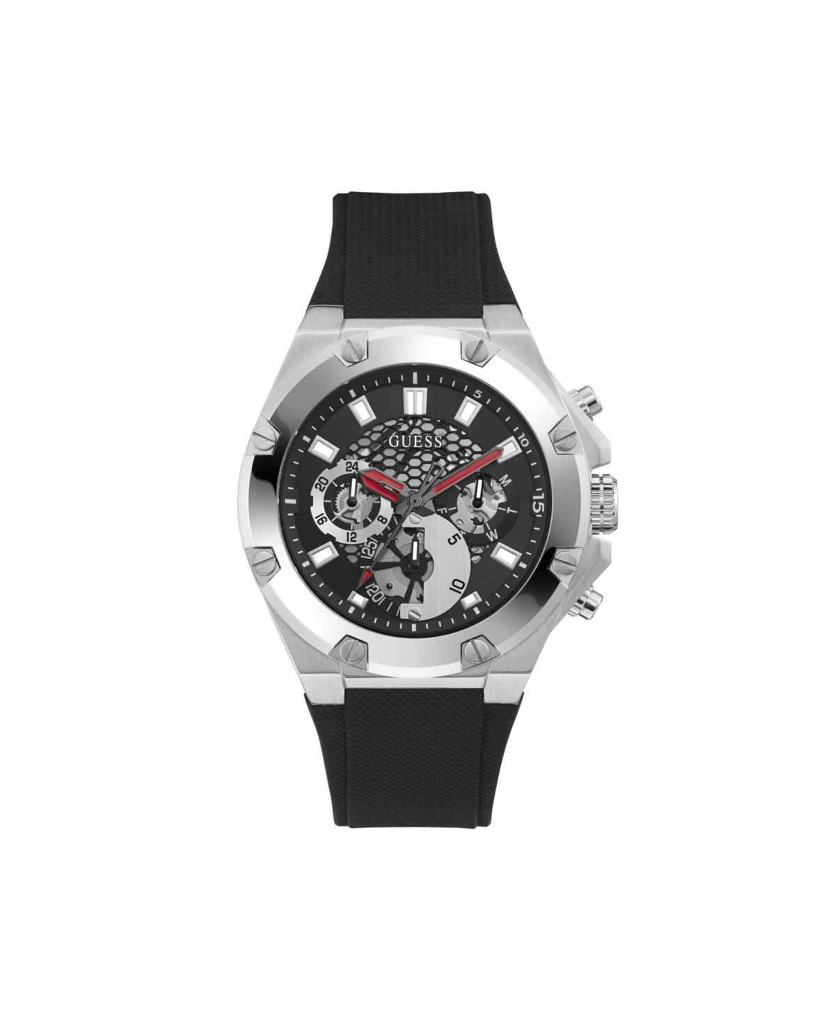 GUESS Men's Watch GW0334G1 – 46mm Black Silicone Strap, Multifunction Dial
