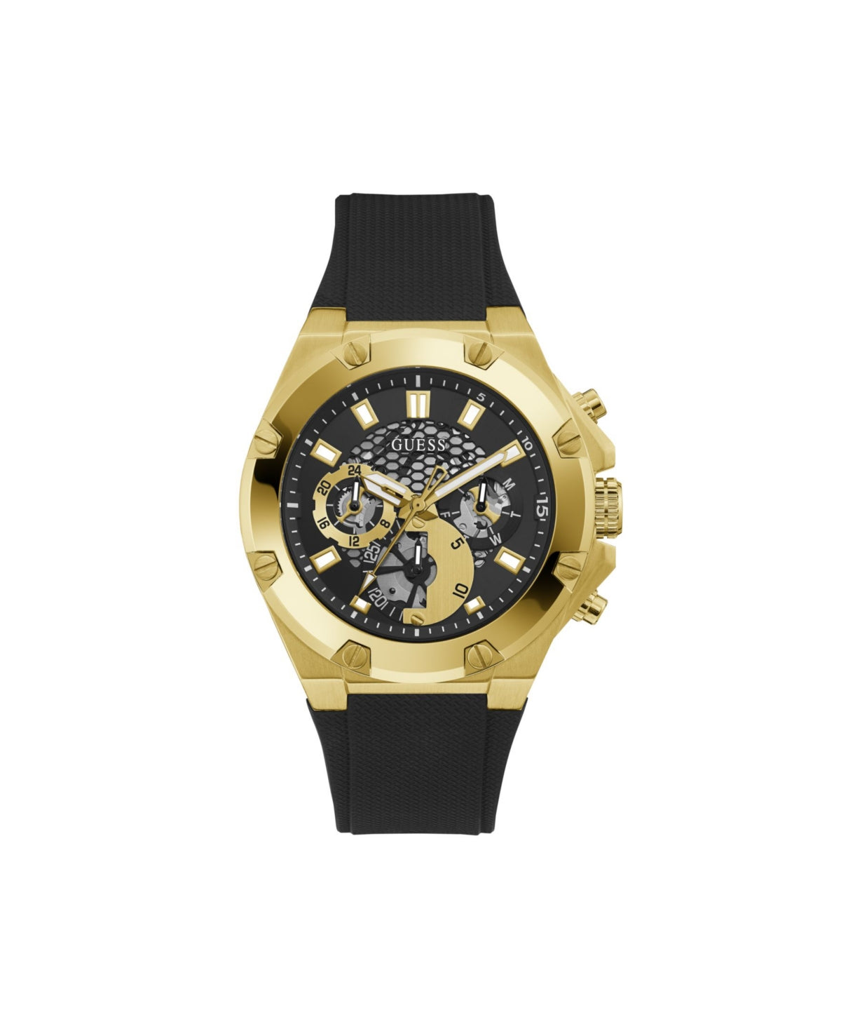 GUESS Men's Watch GW0334G2 – 46mm Black Silicone Strap, Cut-Through Dial