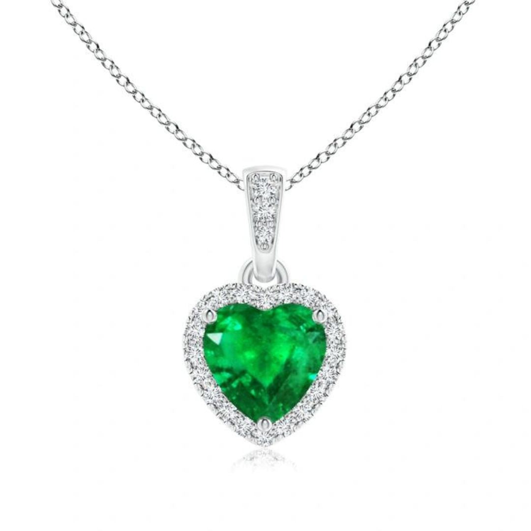 0.80Ct Emerald Heart and Lab Grown Diamond Halo Pendant Necklace in Gold