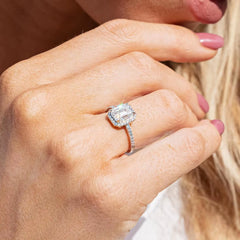 1.00Ct Emerald Cut Lab Grown Diamond Solitaire Halo Engagement Ring in Platinum