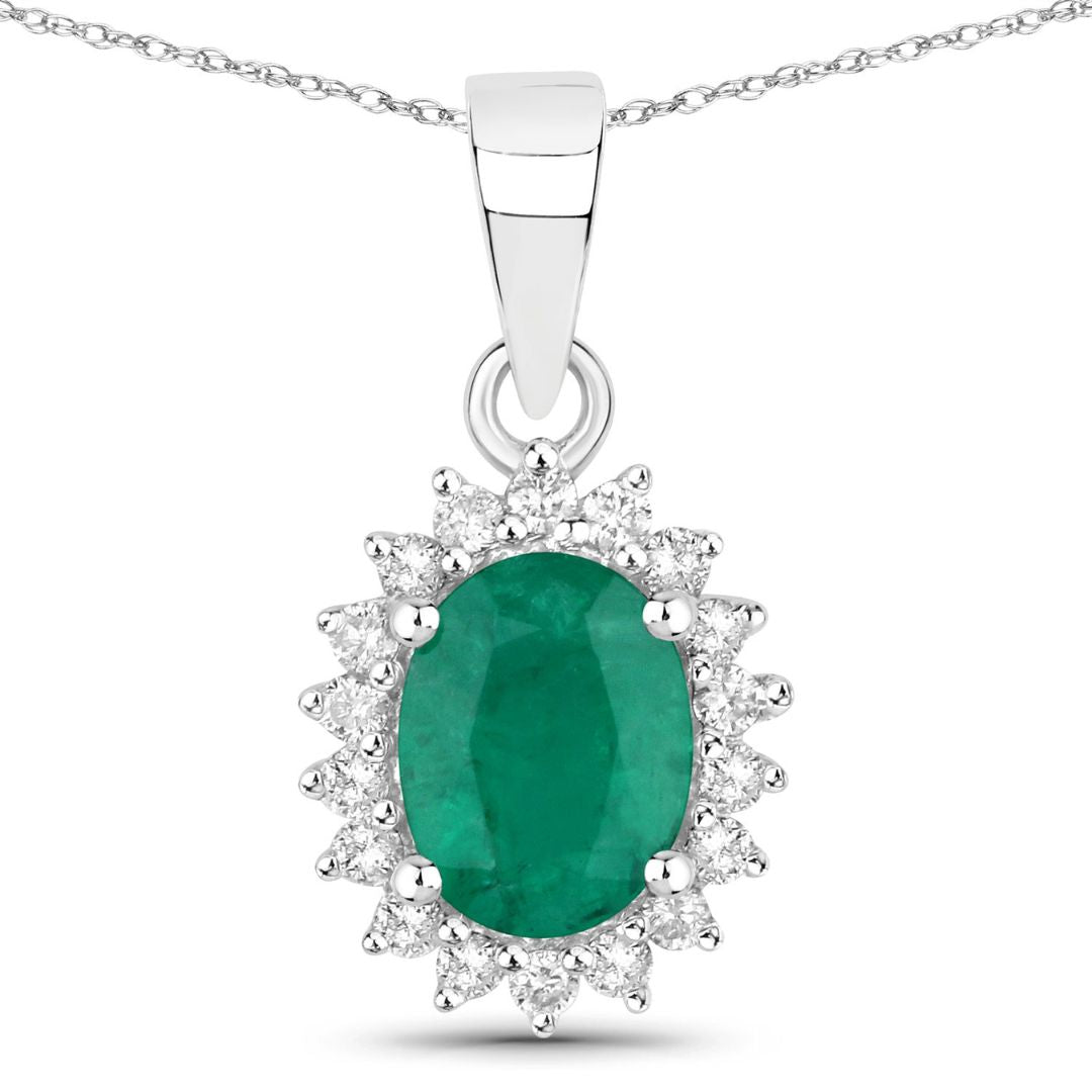 Oval Shape Emerald Pendant Lab Diamonds In Silver