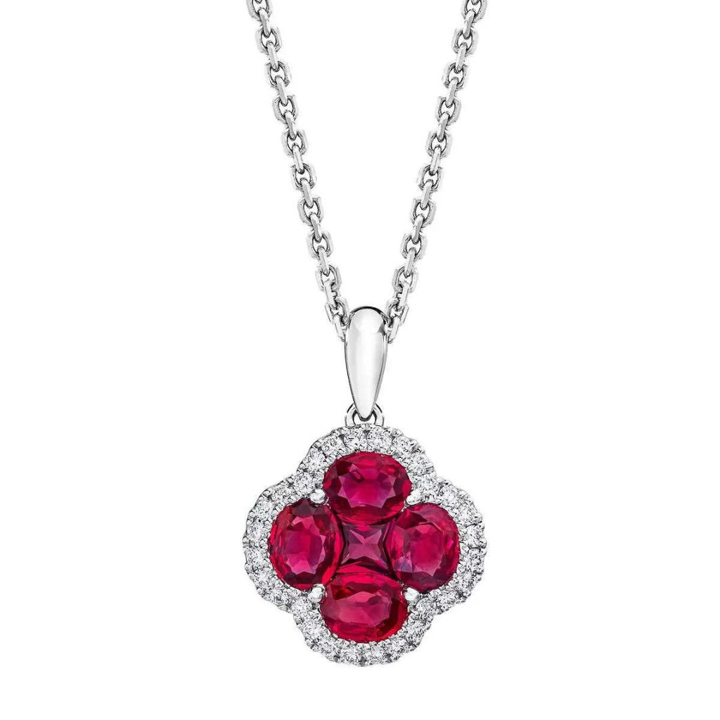 Ruby & Diamond Cluster Necklace with Chain in 9K Gold