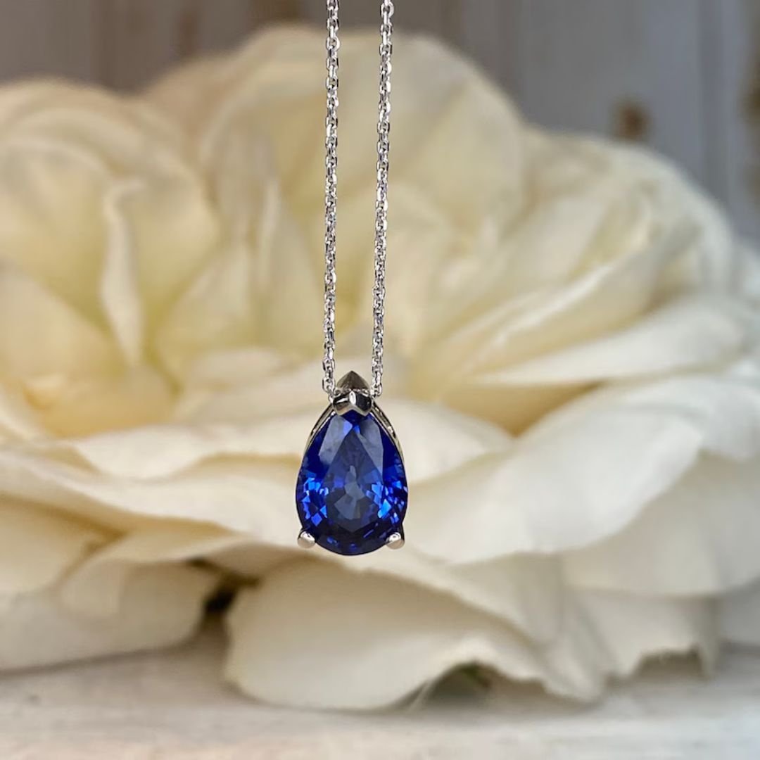 Lab Sapphire Diamond Solitaire Necklace In Silver