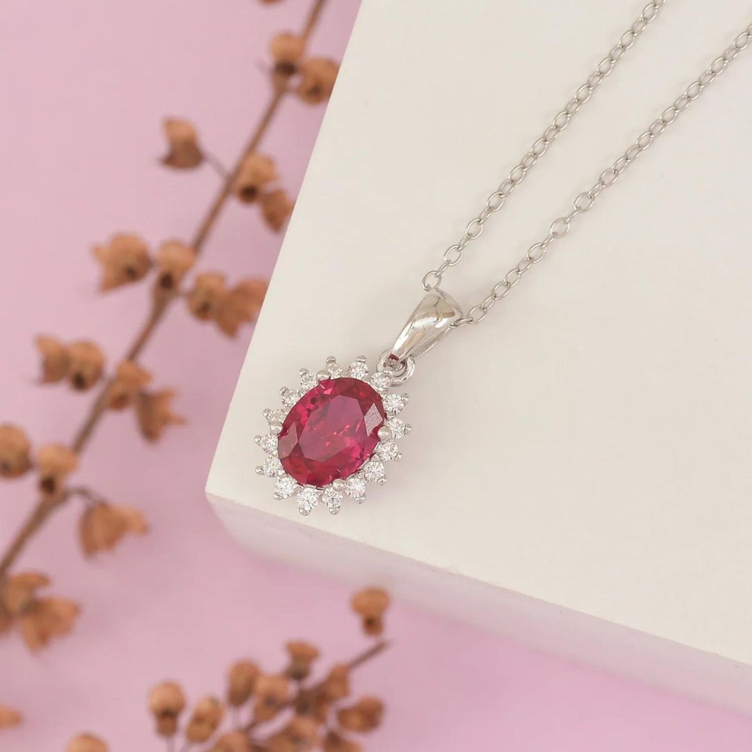 1.25Ct Ruby and Lab Grown Diamond Solitaire Halo Necklace Pendant In Silver